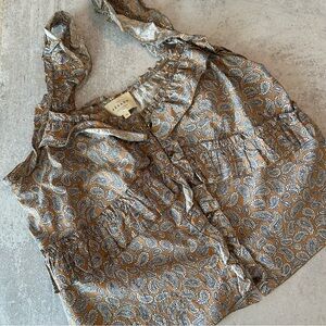 Sezane Paisley Ruffle Blouse in Gray and Brown